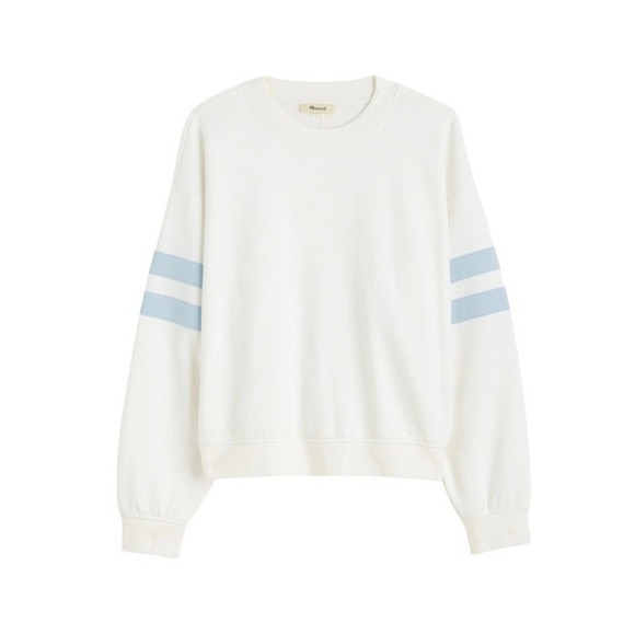 J. Crew Tops - Madewell Crewneck Varsity Sweatshirt White Light Blue Stripe Fleece Knit S‎